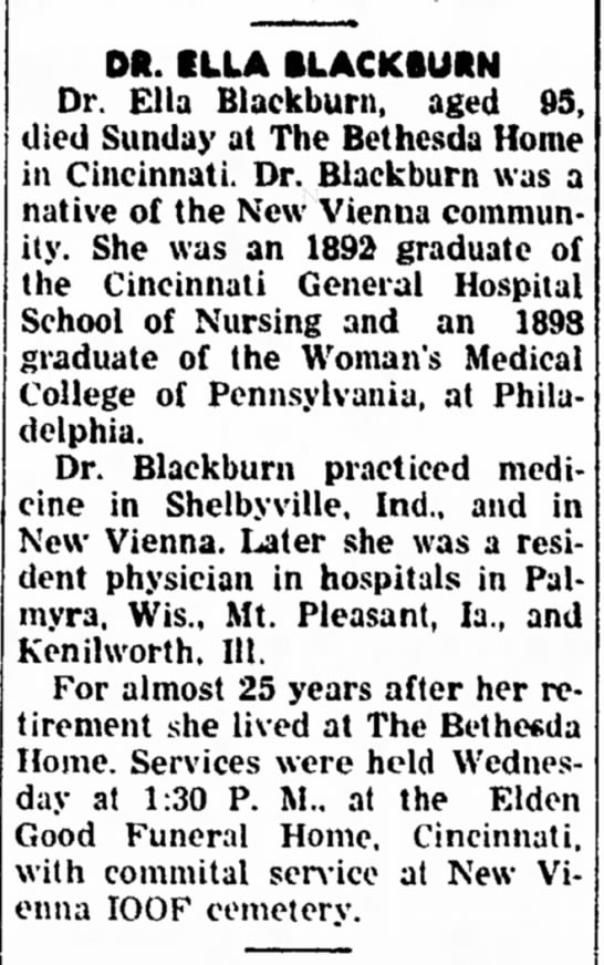 Ella Blackburn (1866-1961) Obituary