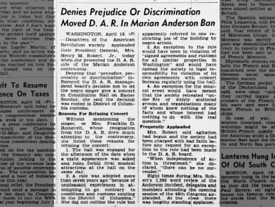 Denies Prejudice Or Discrimination Moved D. A. R. in Marian Anderson Ban